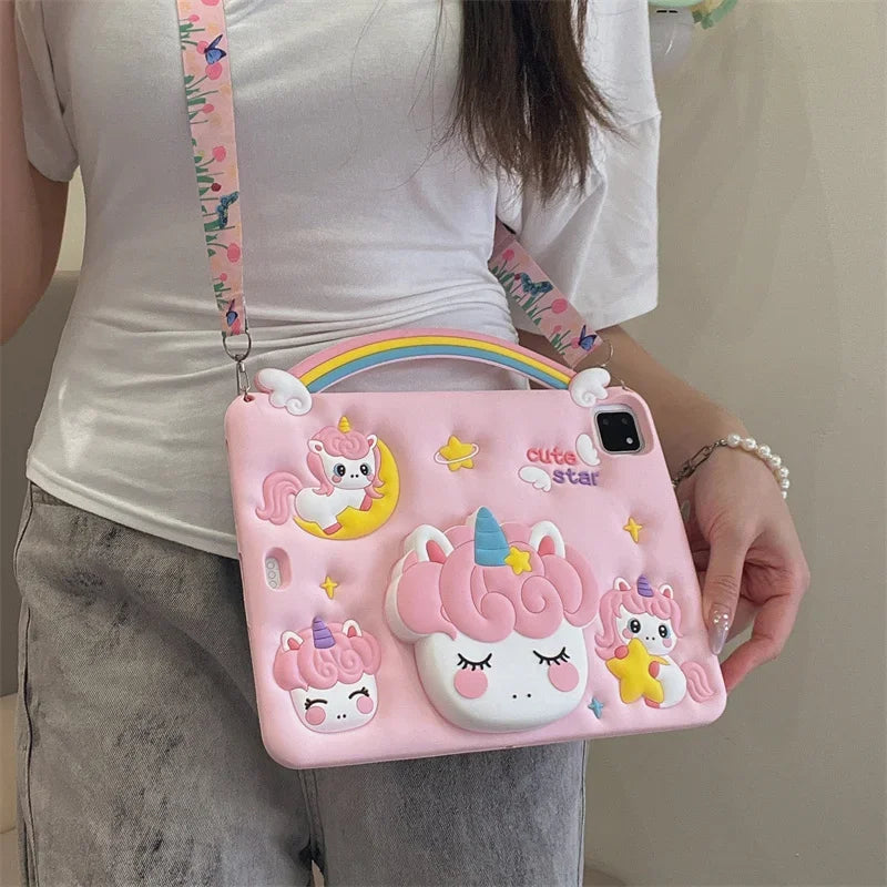 Kids Silicone Case For New iPad A16 11th/10th Generation iPad Air11 M3 M2 Mini Air 7 6 5 4 Pro11 M4 Cartoon Unicorn Holder Funda