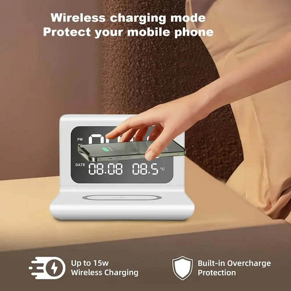 30W  Wireless Charger Stand with Alarm Clock & Thermometer | Compatible with iPhone 17-11/X, SamsungS25  , Xiaomi & All Qi Phone
