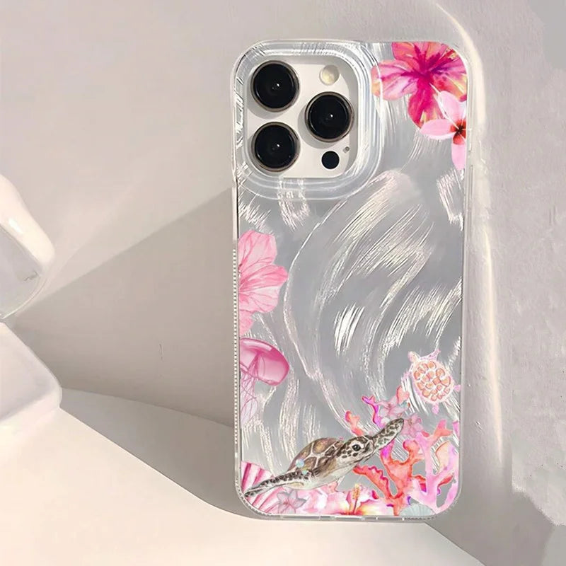 Summer Cool Turtle Pattern Phone Case for iPhone 17 Air 16 16e 15 14 13 12 11 Pro Max  8 7 Plus Chiffon Texture Back Cover