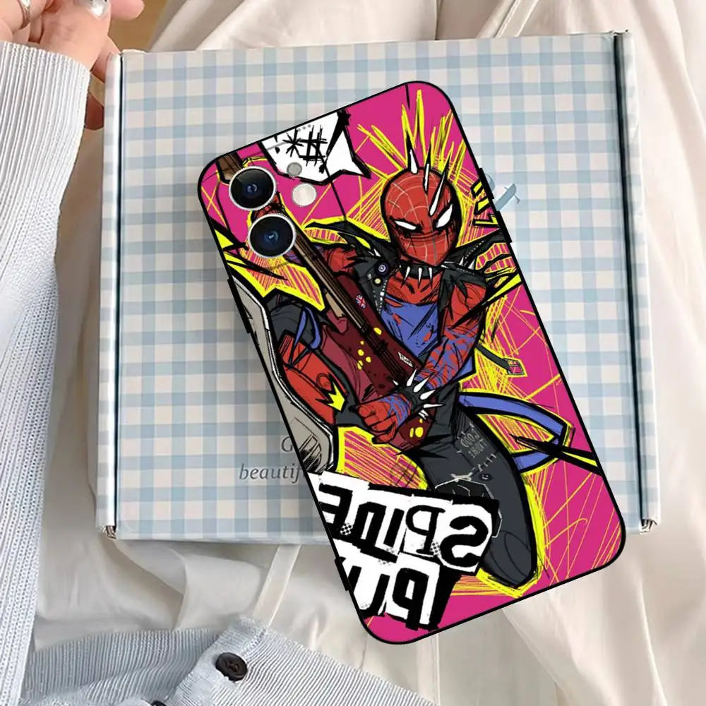 S-Spiderman Punk Style Phone Case For IPhone 1716 15 14 13 Pro Max 11 12 Mini X Xs XR Black Silicone Cover