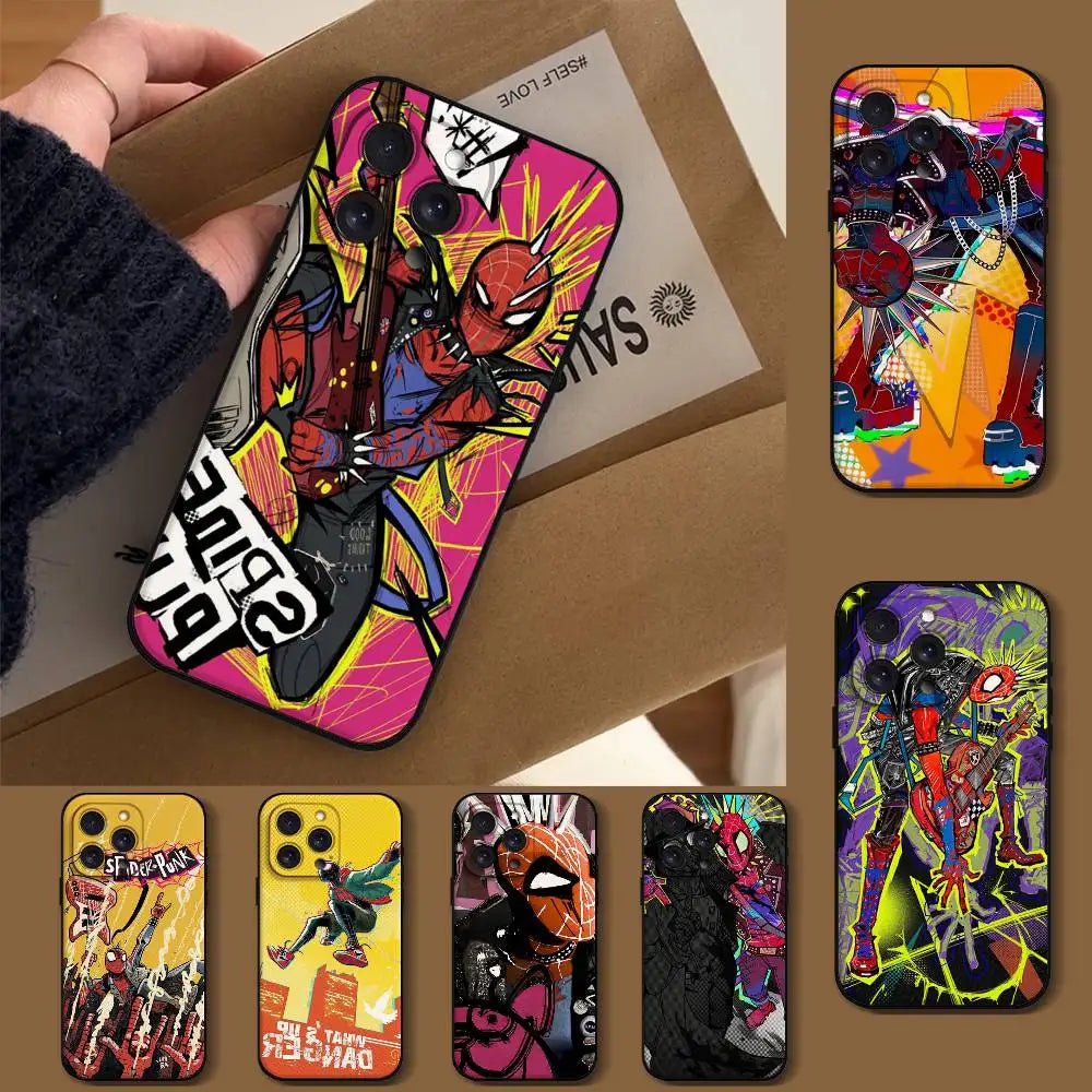 S-Spiderman Punk Style Phone Case For IPhone 1716 15 14 13 Pro Max 11 12 Mini X Xs XR Black Silicone Cover