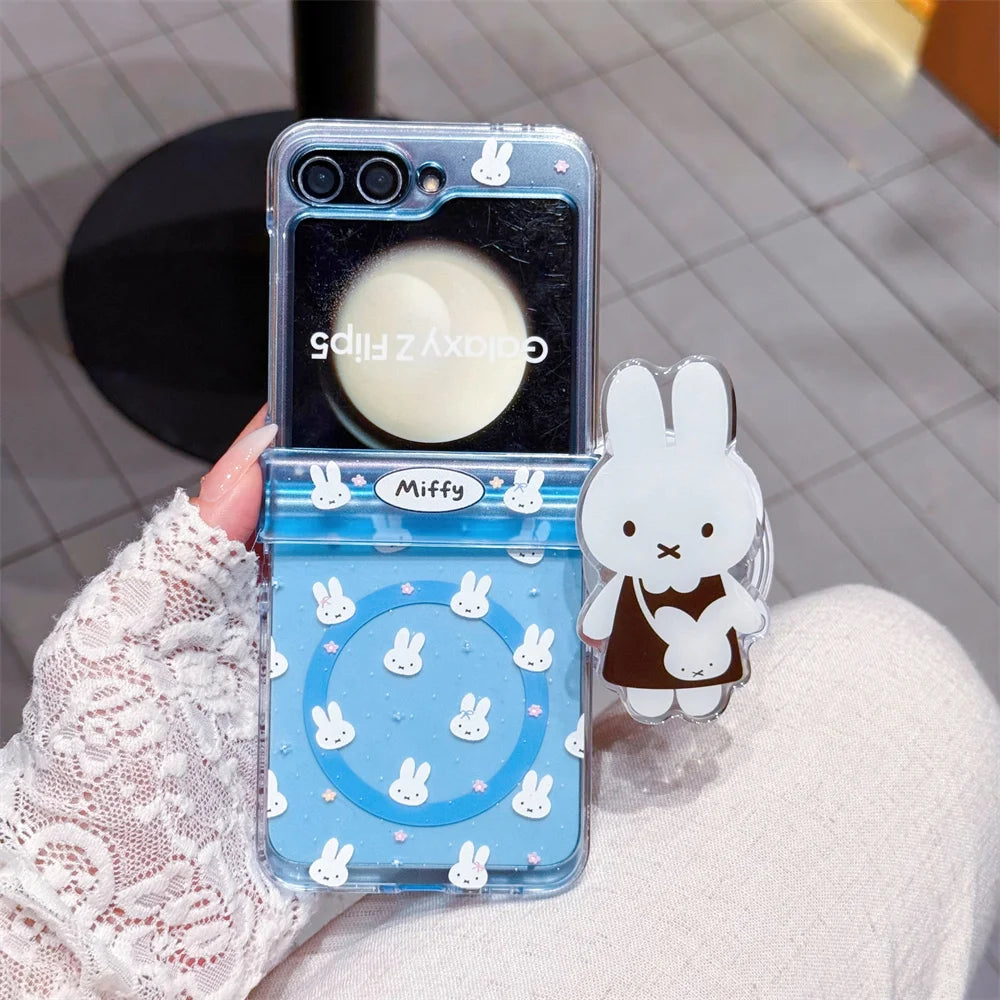 Cute polka dots Miffy Clear Folding Phone Case For Samsung Z Flip 8 7 6 5 4 3 flower Cartoon Miffy protect Cover Wrist Strap﻿﻿﻿﻿