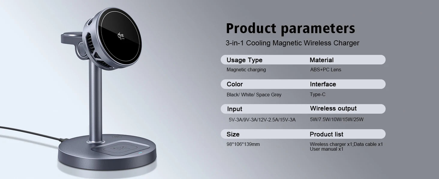 25W Wireless Charging Station with Cooling Fan QI2.2 Wireless Charger Stand for iPhone 17/16/15/14/13/12, Apple Watch, AirPods