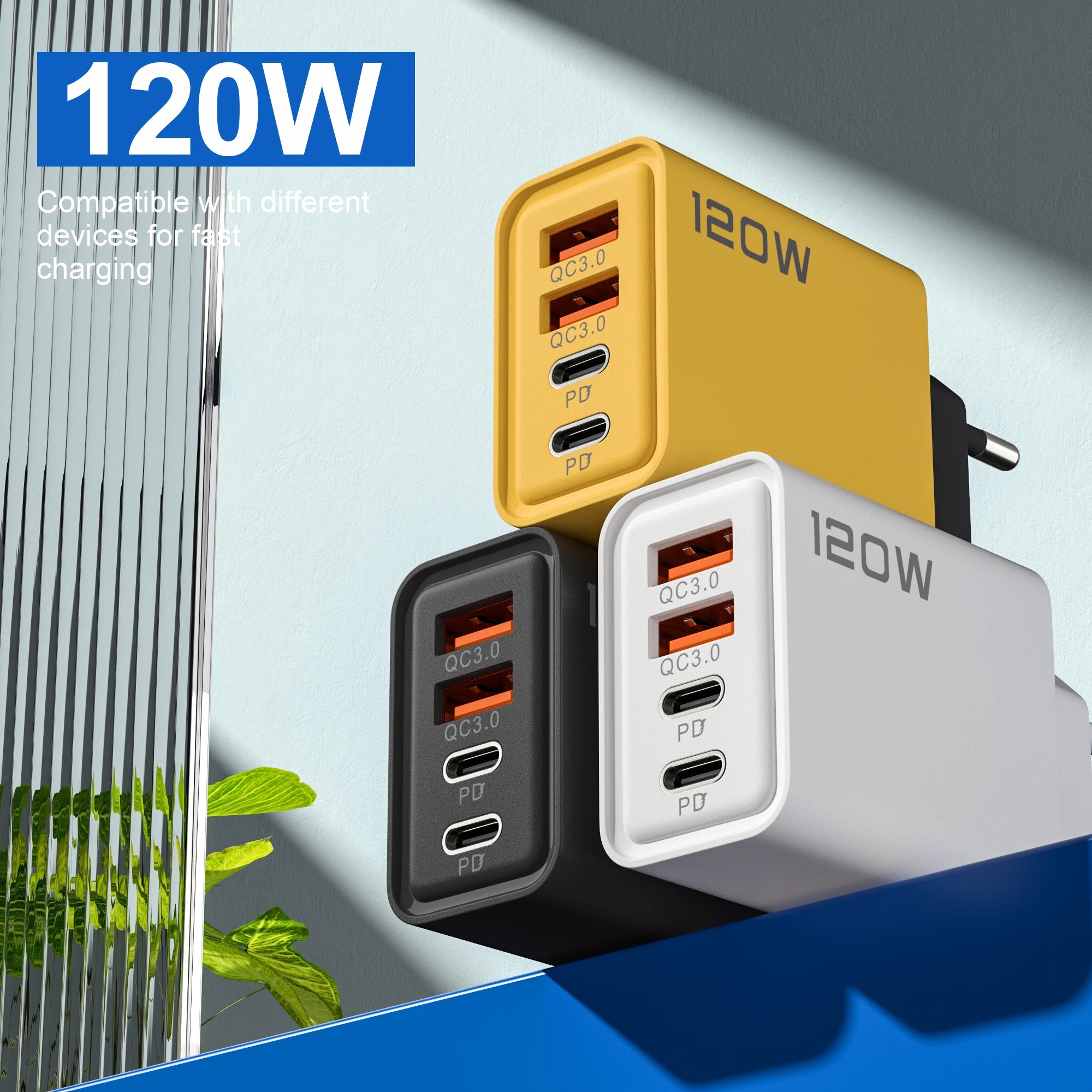 120W 4 Port USB Type C Charger Fast Charging Data Cable USB Phone Charger Adapter for Samsung iPhone Xiaomi Huawei Wall Charger