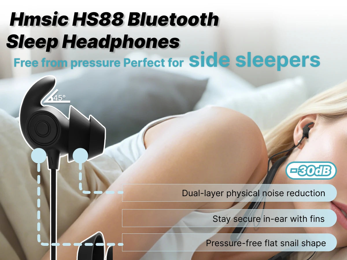 Hmusic HS88 Wired SideSleeper Earbuds Noise Isolation 12H Playtime Bluetooth 5.4 UltraThin Neckband for Sleep Podcast Meditation