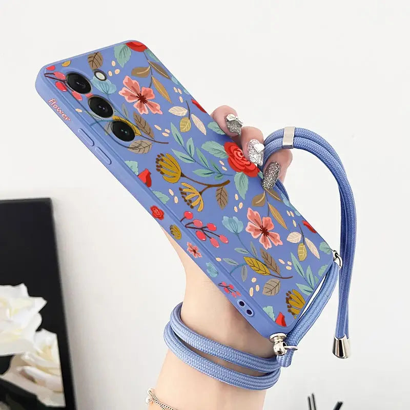 Five Petals Flower Crossbody Lanyard Silicone Phone Case For Samsung Galaxy S23 S23 Plus S23 FE S23 Ultra S22 S21 S20 Plus Cover