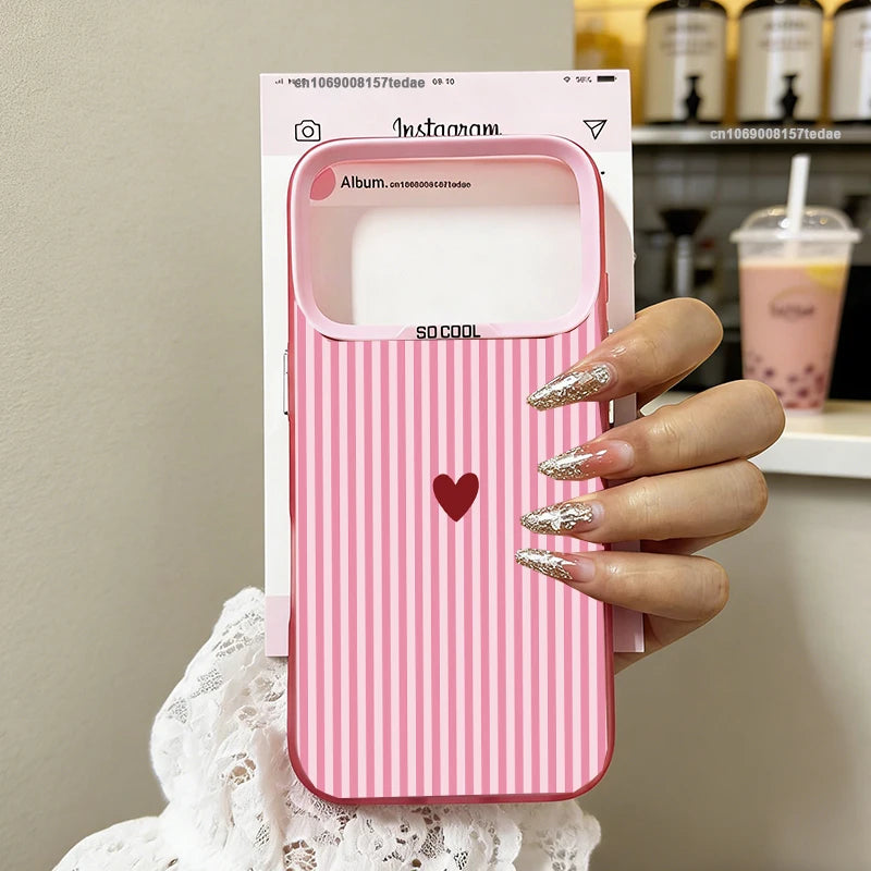 INS Cute Small Love Heart Fresh Phone Case For iPhone 16 17 Pro 15 17 Air 14 Plus 13 12 11 Pro Max Pink Blue Striped IMD Cover