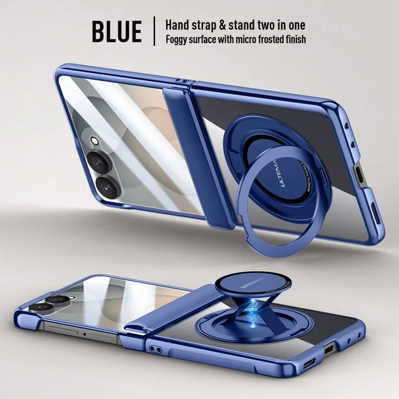 Premium Transparent Magnetic Snap-back Wristband Phone Case For Samsung Galaxy Z Flip 8 With Glass Screen Hinge Protection Cover