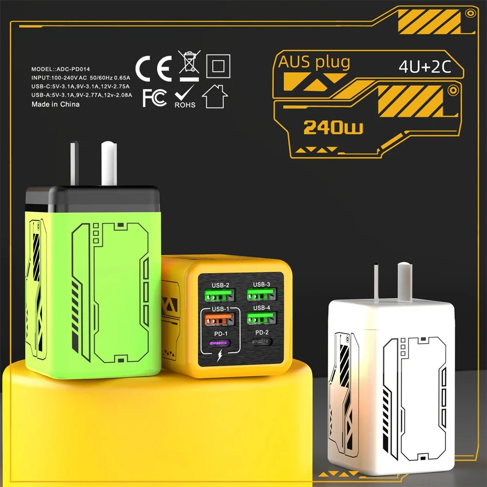 6 in 1 240W Type C Charger PD Fast Charging Phone Power Adapter For iPhone Samsung Xiaomi EU/US Plug Quick Charge Wall Charger