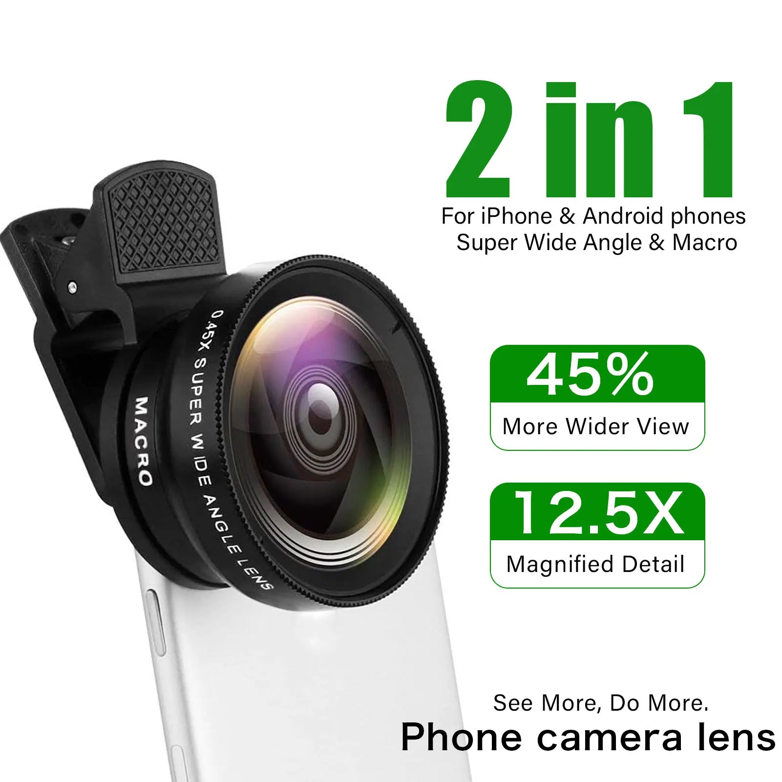 2 Functions Mobile Phone Lens 0.45X Wide Angle Len & 12.5X Macro HD Camera Lens Universal for iPhone Android Phone