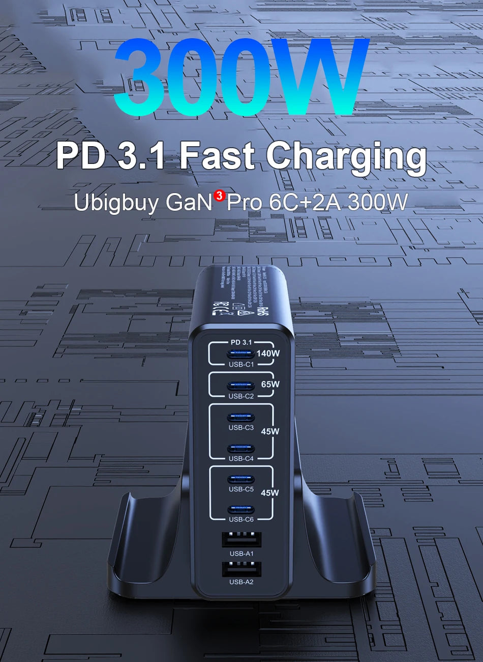 Ubigbuy 300W USB C Fast Charger Multi Port GaN 140W PD 3.1 Charging Station PPS 100W 45W for MacBook Pro M2 iPhone 15 14 Galaxy