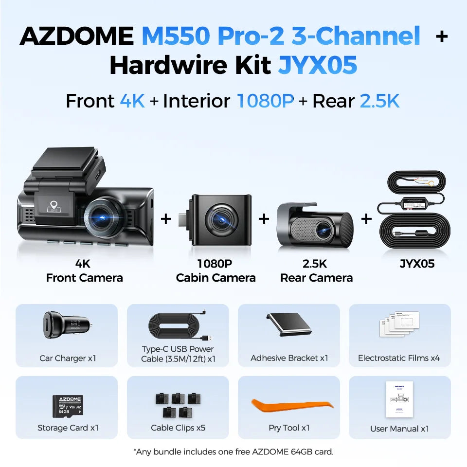 New AZDOME 4K M550 Pro Dash Cam Front Rear Interior 3 in 1 Car Camera 24H Parking Monitor Supercapacitor 5G WIFI GPS ADASCar DVR
