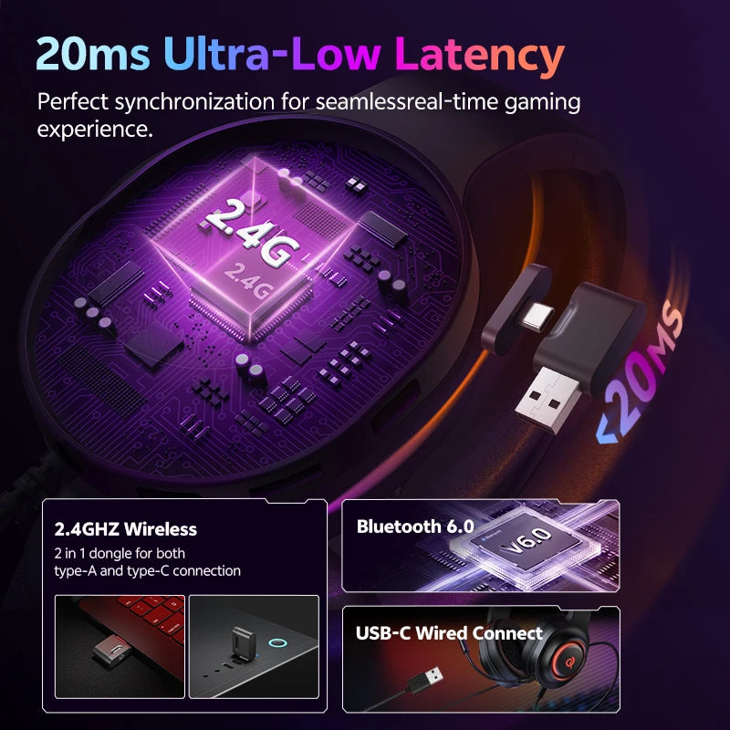 QCY Heroad V200 Gaming Headset with Mic Tri-Mode RGB Over Ear Headphones 7.1 Surround Sound 50mm Drivers for PC Headset Gamer