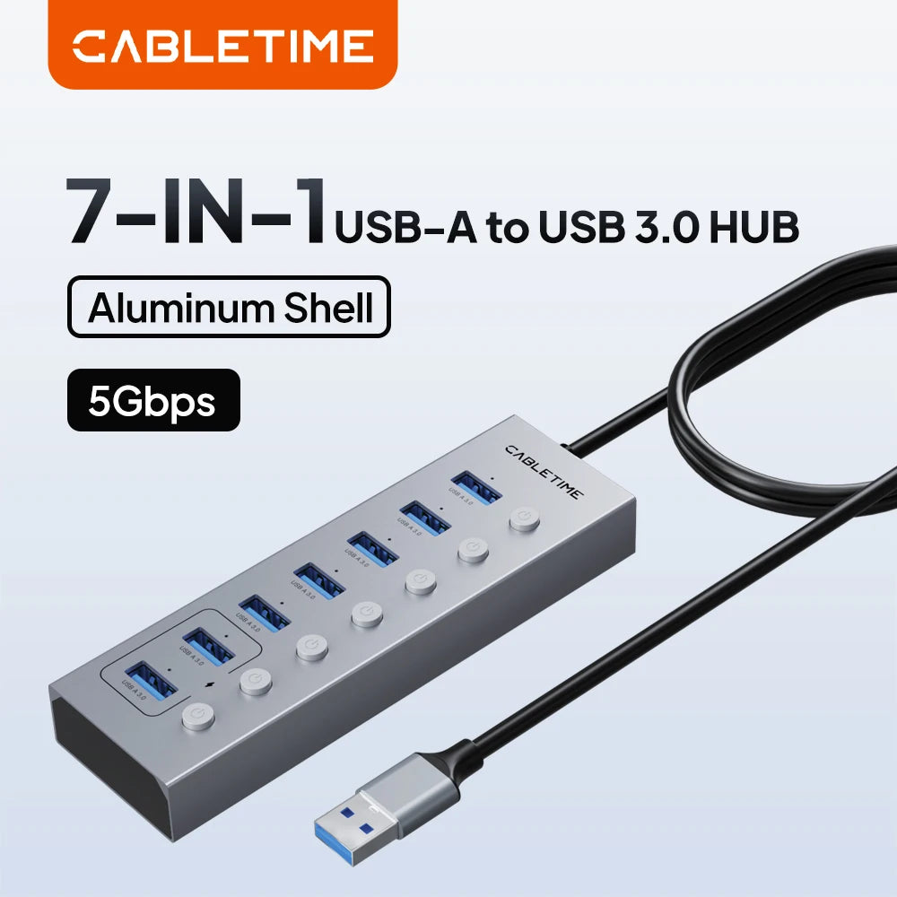 CABLETIME USB 3.0 HUB 5Gbps Dock Station 7-Port USB3.0 Splitter with Individual OFF/ON Switch for PC Laptop USB Ports Extender