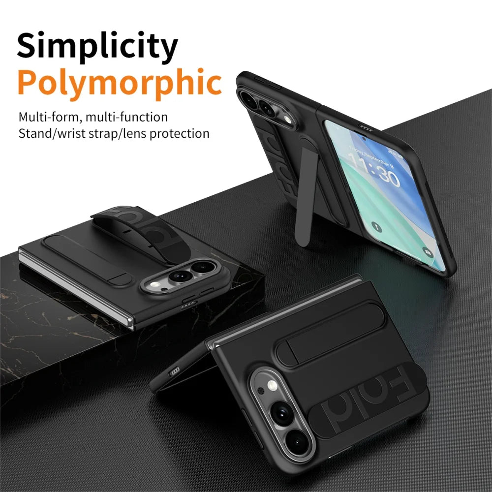 For iPhone Duo Cases Luxury Wristband Folding Bracket Case for iPhone Duo 2026 Fold Wrist Strap Built-in Screen Protector Cover
