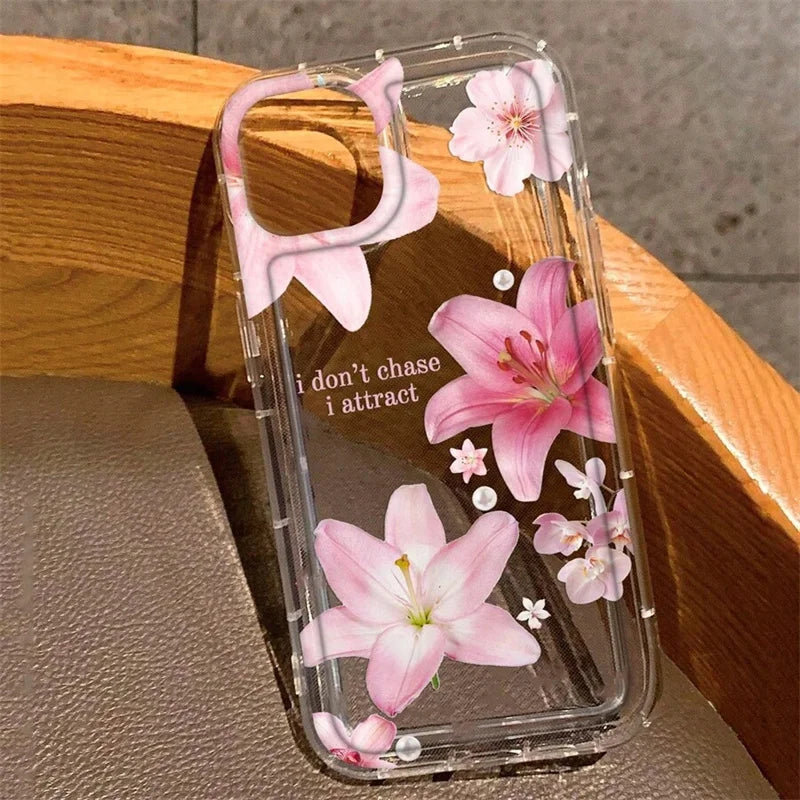 Cherry Flower Print Transparent Case For iPhone 17 16 Pro Max 15 14 13 11 12 16e Case Funda iPhone11 14 Plus X XR XS Case Cover