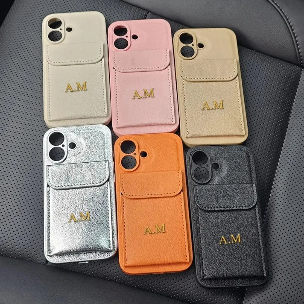 Personalised Customized Name DIY Case For iPhone 17 16 15 14 13 12 11 Pro Max Xs Max Air Luxury Leather Card Holder Cover Funda