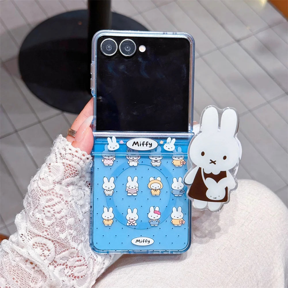 Cute polka dots Miffy Clear Folding Phone Case For Samsung Z Flip 8 7 6 5 4 3 flower Cartoon Miffy protect Cover Wrist Strap﻿﻿﻿﻿