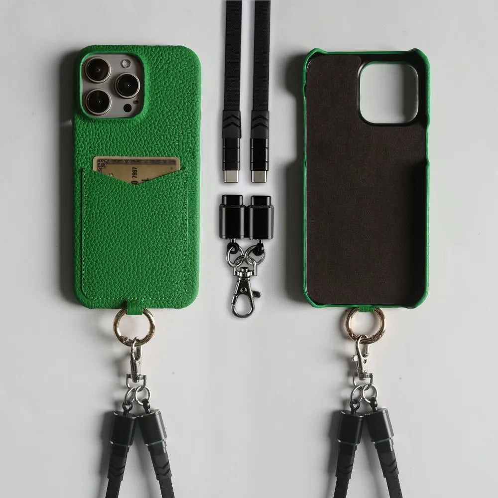 Multifunctional Charging Cable Lanyard Genuine Leather Case For iPhone 16 Pro Max 15Pro 11 13 12 14Pro Crossbody Strap Card Slot