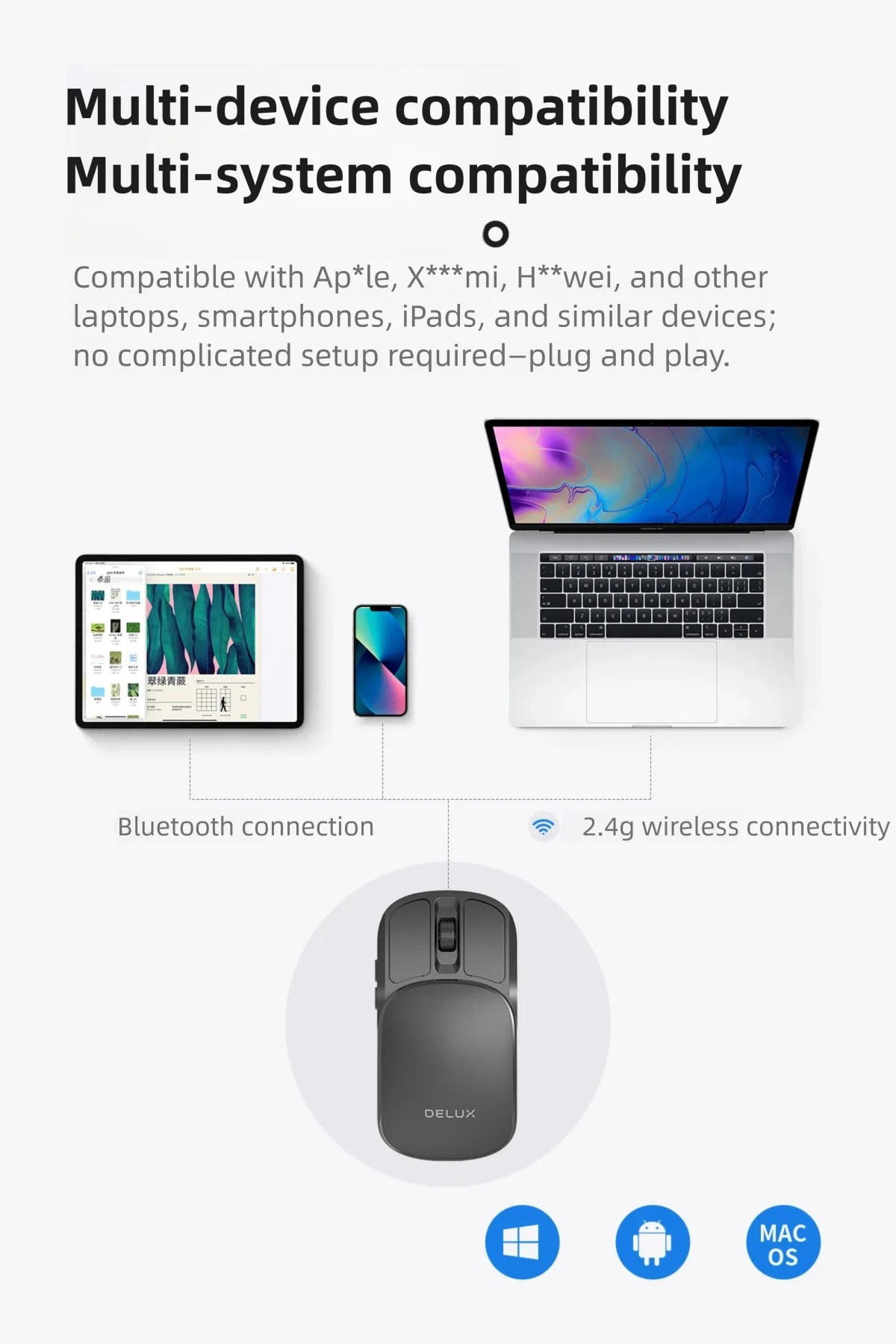 Delux Pocket Folding Mouse Wireless 2.4G Bluetooth5.2 Silent Click Portable Ultra-light 55g for MacBook Tablet Computer PC Mice