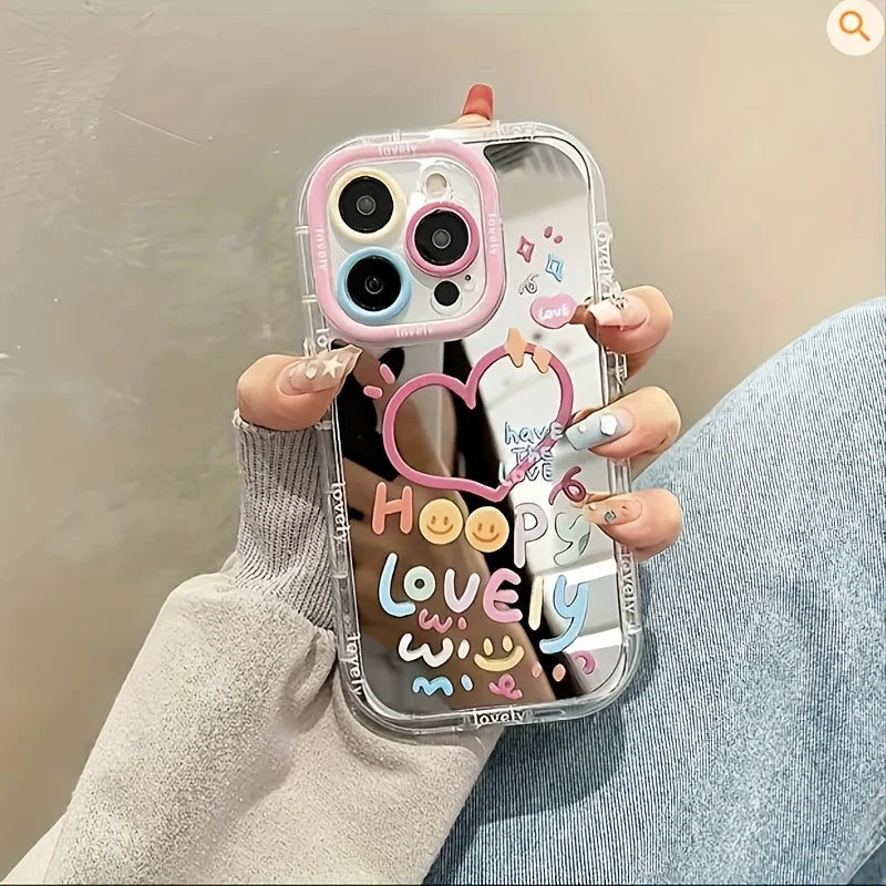 Cute Happy Lovely Heart Colorful Mirror Phone Case For iPhone 11 12 13 14 15 16 17 Pro Max 7 8 Plus X XS XR SE2 Shockproof Cover