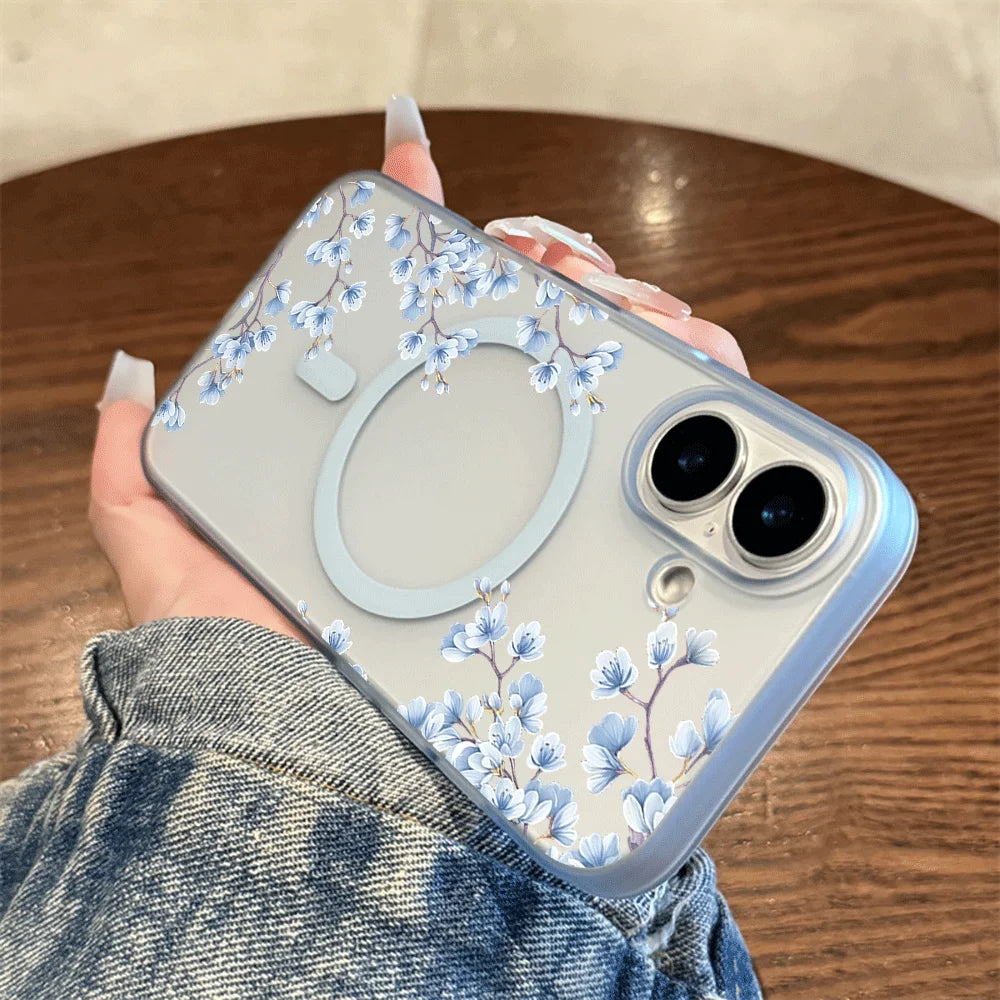 Light Blue Blossom Branch Print Wireless Charging Phone Case For Magesafe iPhone 17 16 15 14 13 12 Pro Max 17 Air Magnetic Cover