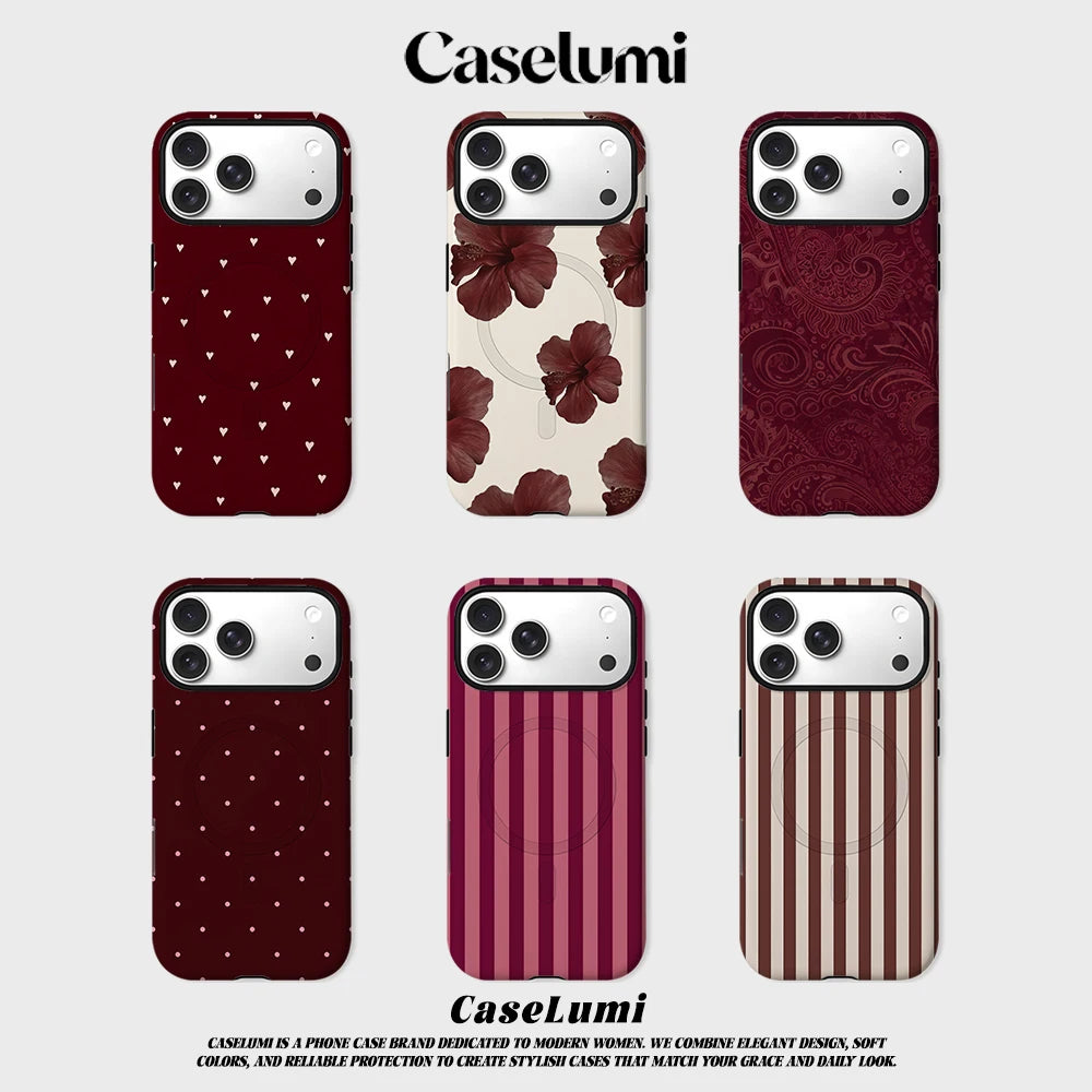 CaseLumi Matte Bumper for Magsafe Case for IPhone 17 16 15 14 Plus 13 Pro Max Shockproof Hard PC Burgundy Hearts Cover