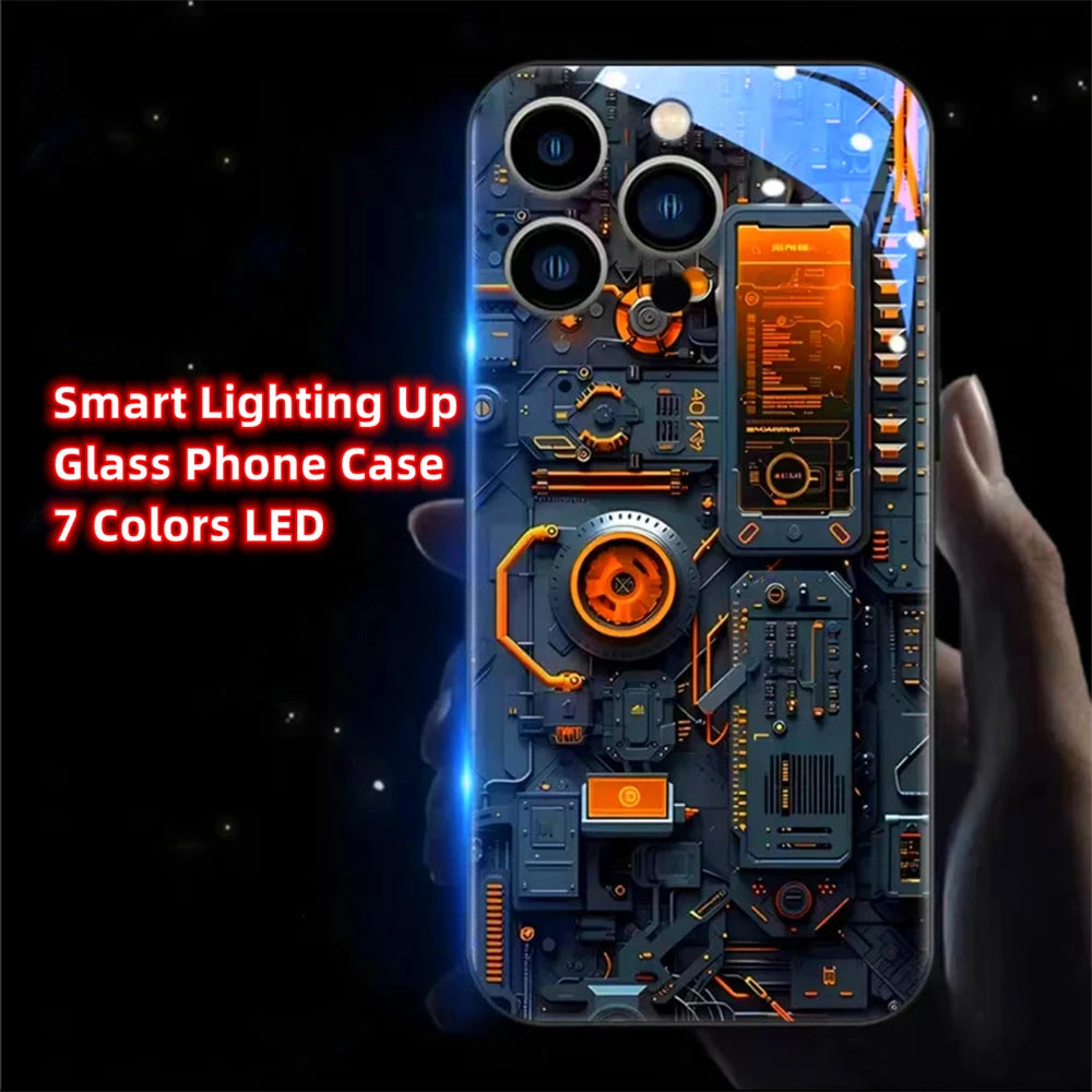 Cool PCB Structure Smart LED Light Glow Tempered Glass Phone Case For iPhone Air 17 E 16 E 15 14 13 12 11 Pro Max XS XR Plus