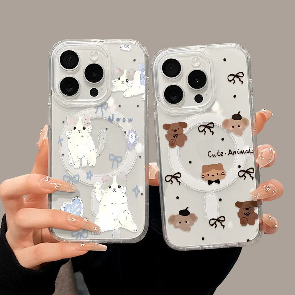 Cute Cat For Magsafe Wireless Charger Case For iPhone 17 16 15 14 11 12 13 Pro Max 17 Air Magnetic Shockproof Clear Phone Cover