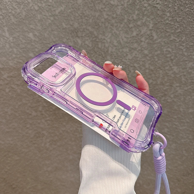 3IN1 Candy Color Clear Shockproof Phone Case for IPhone 17Air 16E 15 14 Plus 13 12 Pro Max Lanyard Magnetic Charge Protect Cover