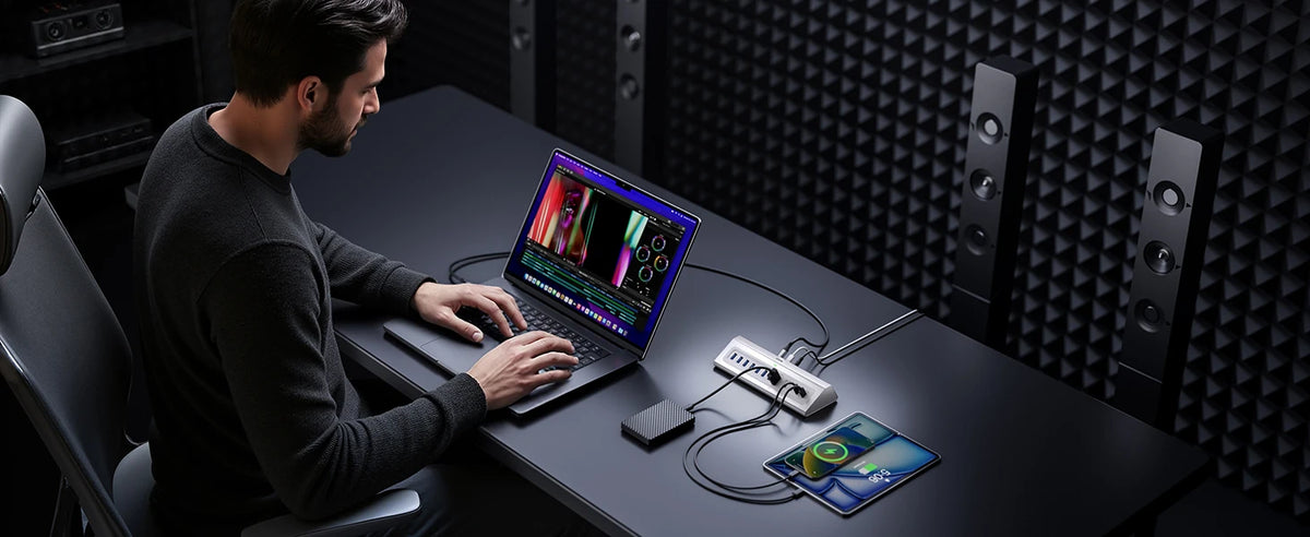 Powered USB Hub 15 in 1, USB 3.2 10Gbps Hub with Power Adapter, 7 USB A 3.0 Ports USB C, Docking Station for Laptop MacBook PC