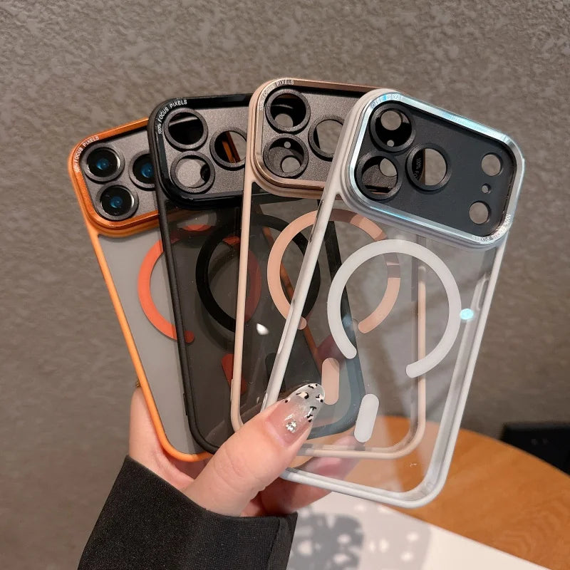 Transparent Metal Camera Bumper Cases For iPhone 17 11 12 13 16 Pro Max 15 16 Plus 17 Air For Magsafe Magnetic Clear Phone Cover