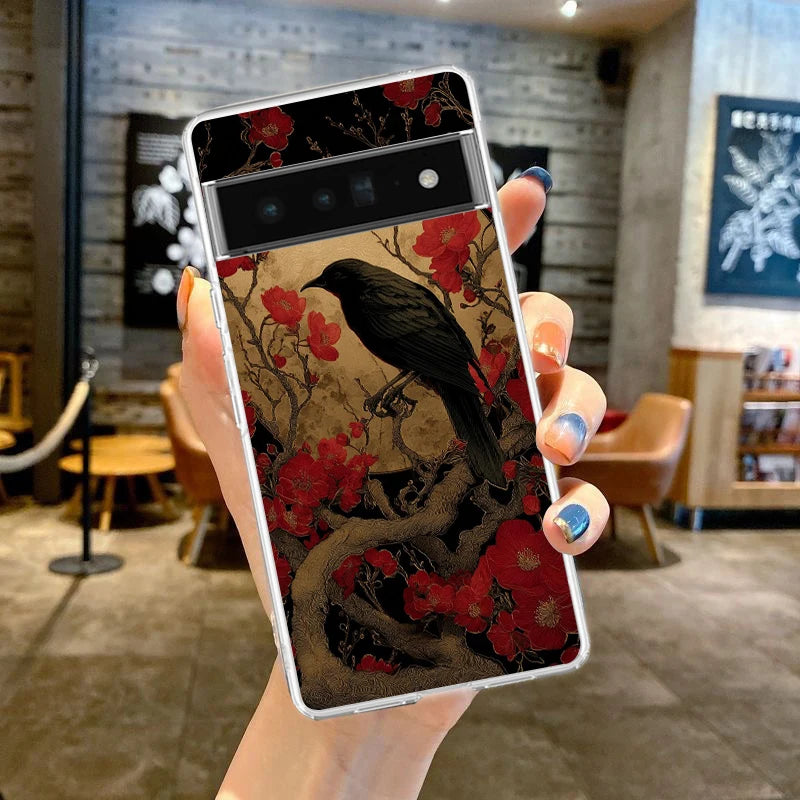 Black Raven Phone Case Cover for Google Pixel 9 8 7 6 5 4 4XL Soft TPU 7A 6A 5A 4A 3A Pro XL 5G Transparent Shell Fundas Capas