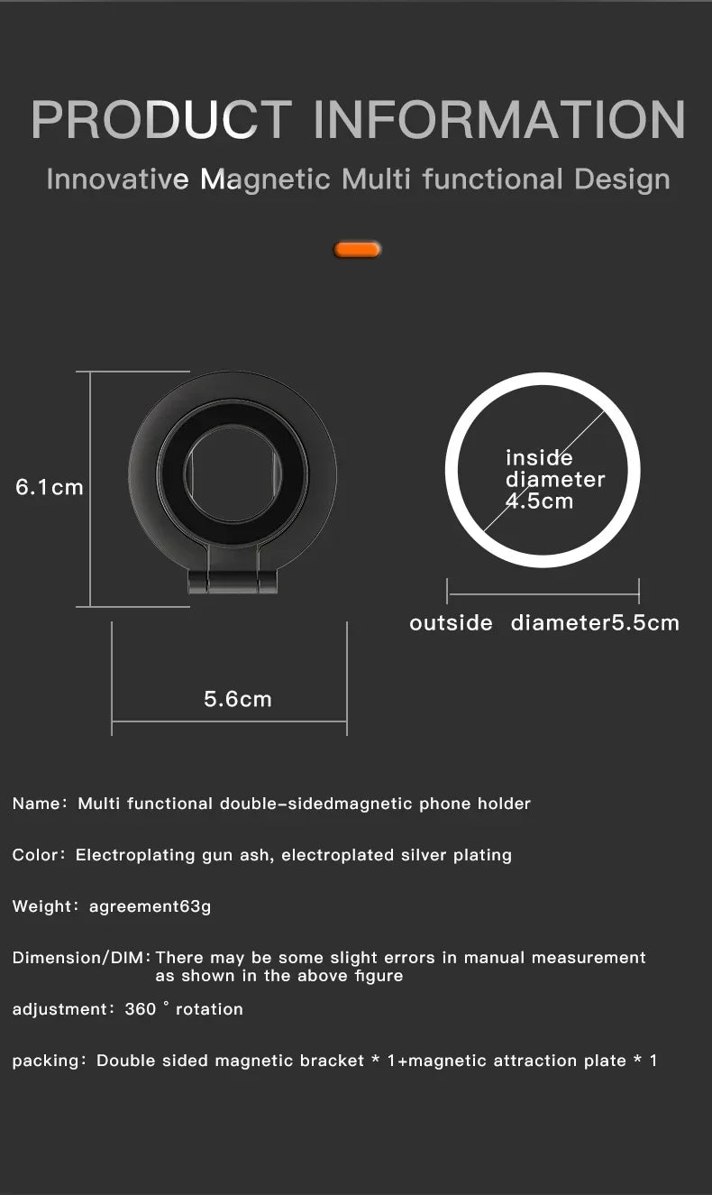 Double Sided Phone Stand Magnetic Phone Ring Holder Kickstand Magnet Grip for MagSafe iPhone 16 15 14 13 12 Pro Max Car Holder