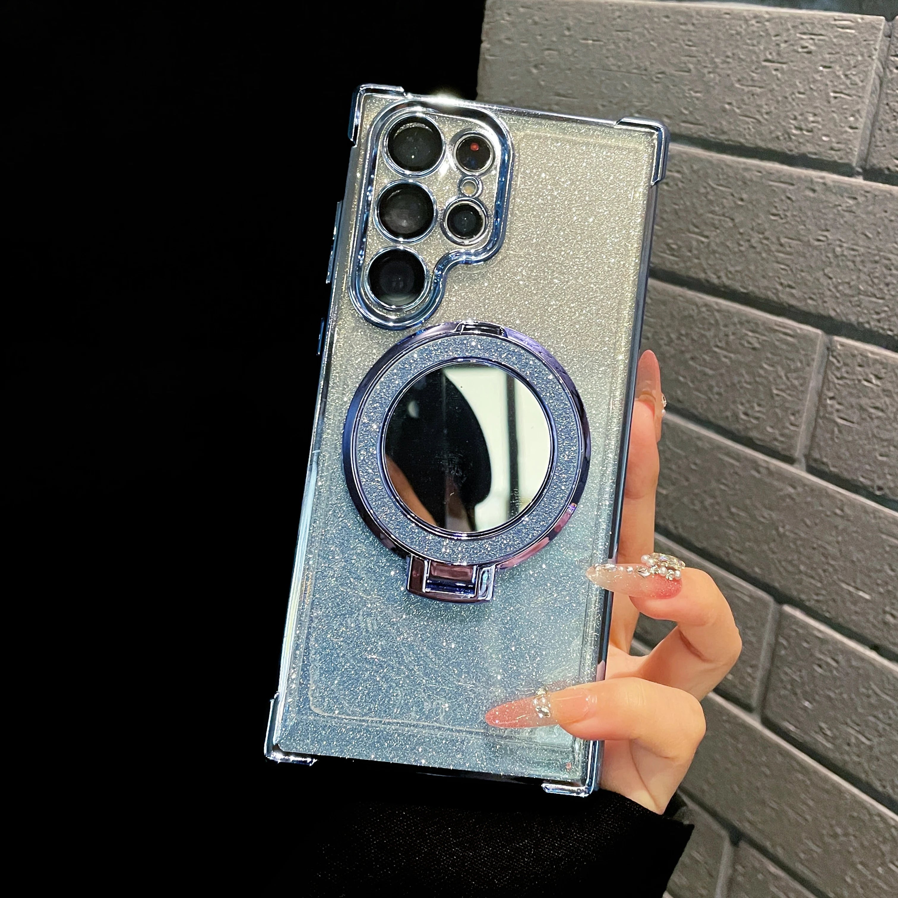 Glitter Magnetic Mirror Stand Holder Case For Samsung S24 S23 S22 S21 S20 Note 20 10 Ultra Plus FE For Magsafe Shockproof Cover