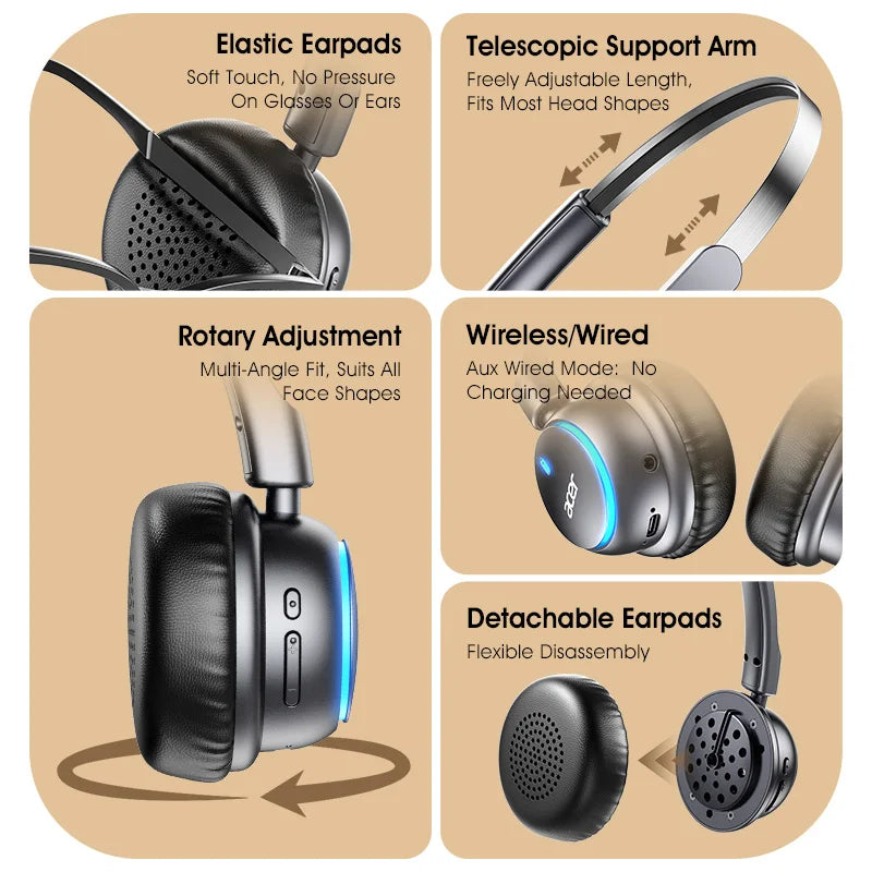 Acer Ohr645 New Over-Ear Wireless Headphones with Surround Sound, High-Quality Sound Effect, Rotatable Adjustment Design, Long Standby Time, Suitable for Sports and Other Occasions for Immersive Music Enjoyment