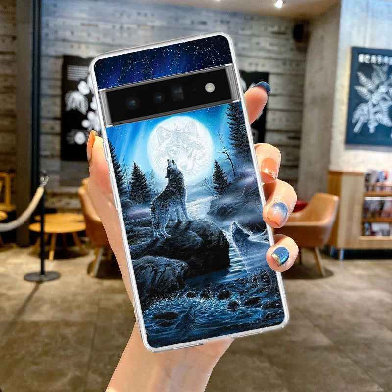 Phone Case Cover for Google Pixel 10 9 8 7 6 5 4 4XL Soft TPU 7A 6A 5A 4A 3A Pro XL 5G Transparent Shell Moon Roaring Wolf Capas
