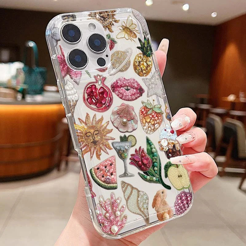 Beaded Pomegranate Sun Phone Case For iPhone 16 17 15 14 13 12 Mini 11 Pro Max 16E X XR 7 8 15 16 Plus SE2 Clear Soft TPU Cover