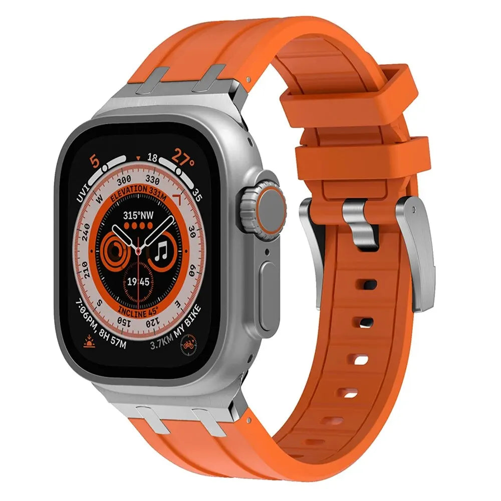 Titanium Color Metal Head Silicone Band for Apple Watch Ultra 2 49mm 45/44/42mm Rubber Strap for Iwatch Series 9 8 7 6 5 4 Se 3