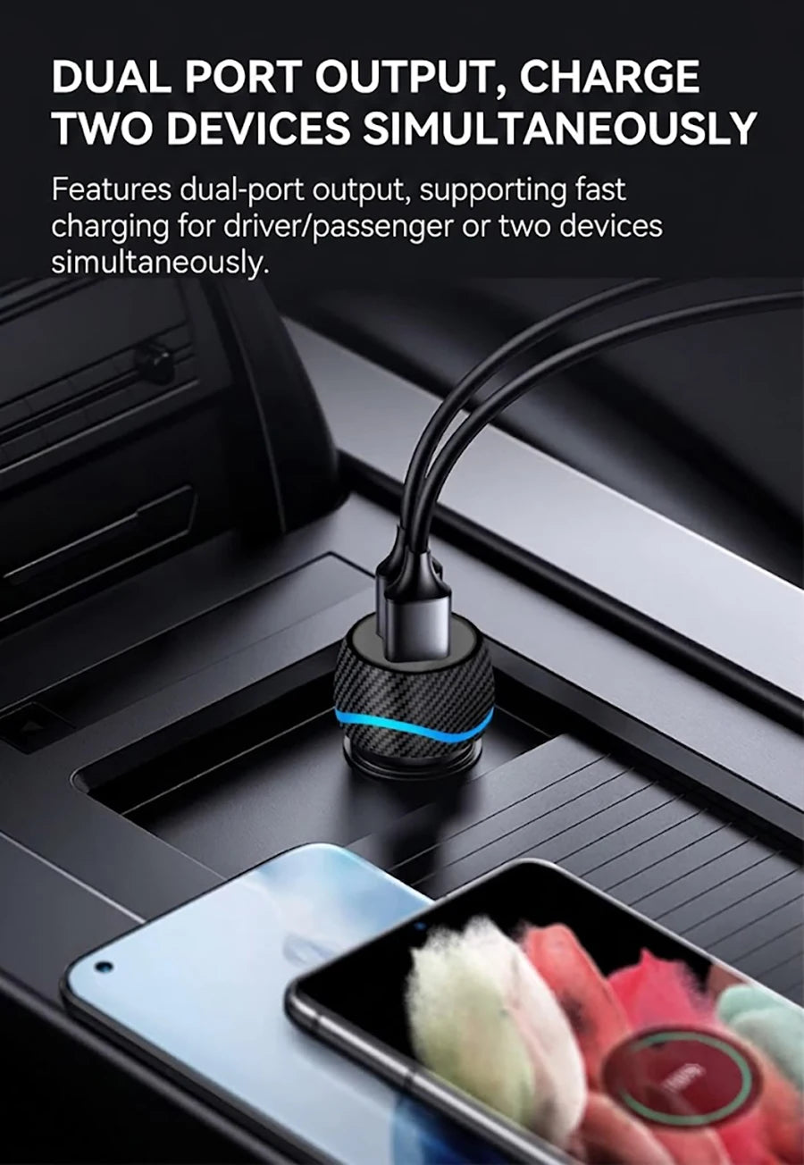 60W Dual Port Car Charger Carbon Fiber Style USB C PD 30W QC 30W Fast Charging Auto Cigarette Lighter For iPhone For Samsung