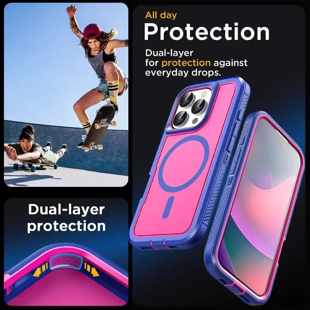 Premium Heavy Duty OTT Magnetic Armor Case for IPhone 17 16 15 14 Plus 13 12 Pro Max Anti-Slip Grip Charging Protect Cover Box