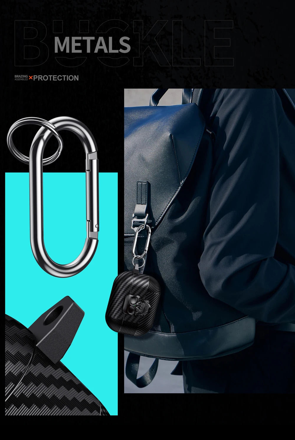 New Earphone Protector Case For Airpods Pro 2 3 4 ANC Cover With Carabiner Rotating Skull Secure Lock Clip Headphone Cases Funda