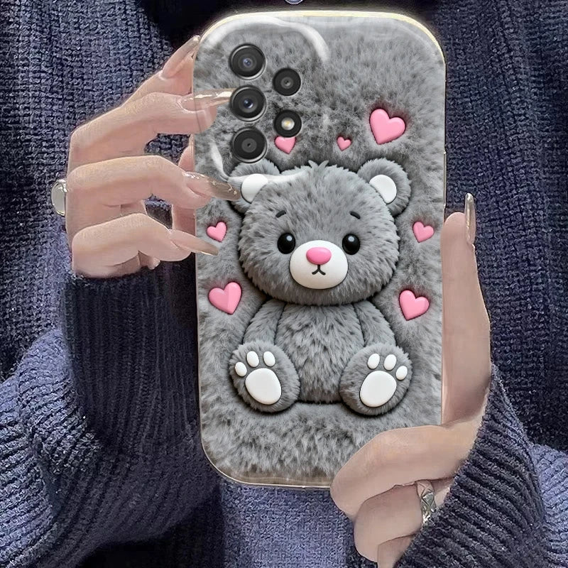 For Samsung Galaxy S26 S25 S24 Ultra S23 FE S22 S21 Plus A16 A26 A36 A56 A55 A54 Cartoon Grizzly Bear Pink Heart Printed Cover