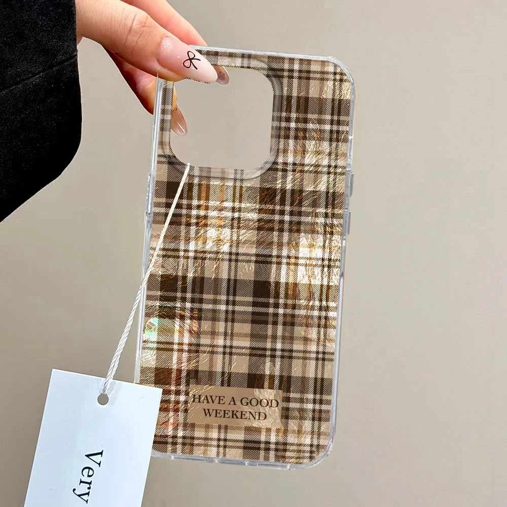 ﻿Winter Brown Lattice Grid Pattern Women Gilrs Phone Case for Samsung Galaxy S25 S24 S23 S22 S21 S20 FE Plus Ultra Shell Cover