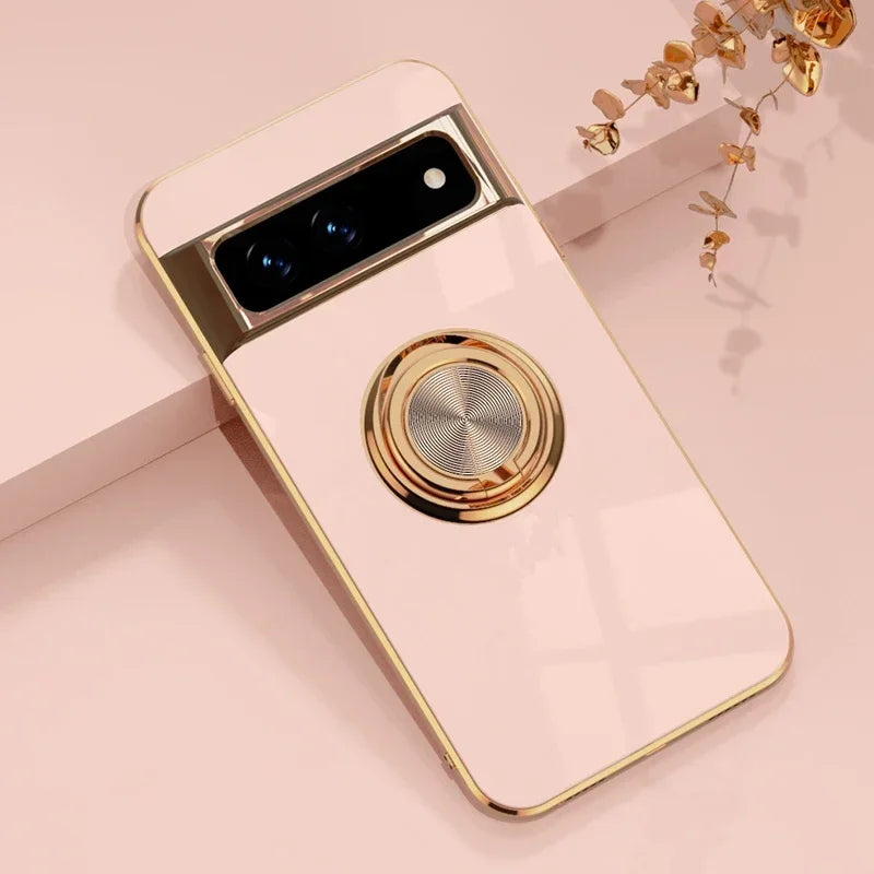 Stylish Plating Soft Silicon Shockproof Case for Google Pixel 10 9 8 7 Pro XL 9A 8A 7A Car Magnetic Ring Bracket Protect Cover