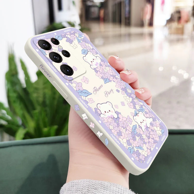 Flower Bush Bear Phone Case For Samsung Galaxy S25 FE S24 S23 S22 S21 S20 Ultra Plus FE S10 Note 20 Ultra 10 9 Plus Cover