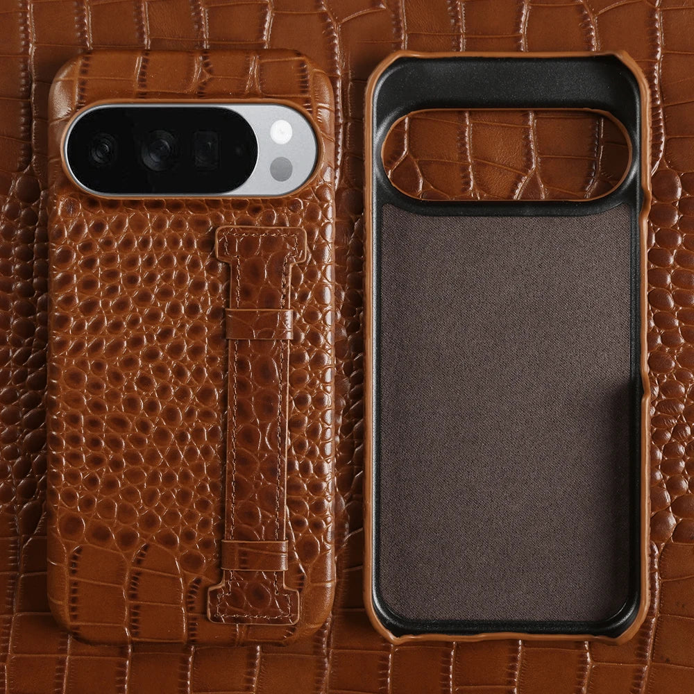 With Wrist Strap Crocodile Genuine Leather Case For Google Pixel 10 Pro 10A 9A 9Pro XL 8A 8 7A 7 6A 6 Pro 5A 5 Back Cover Cases