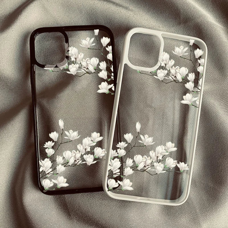 White Magnolia Flower Phone Case For iPhone 14 Pro 15 13 12Mini 11 XR XS Max 16 17 Air Plum Blossom Shockproof Clear Hard Cover