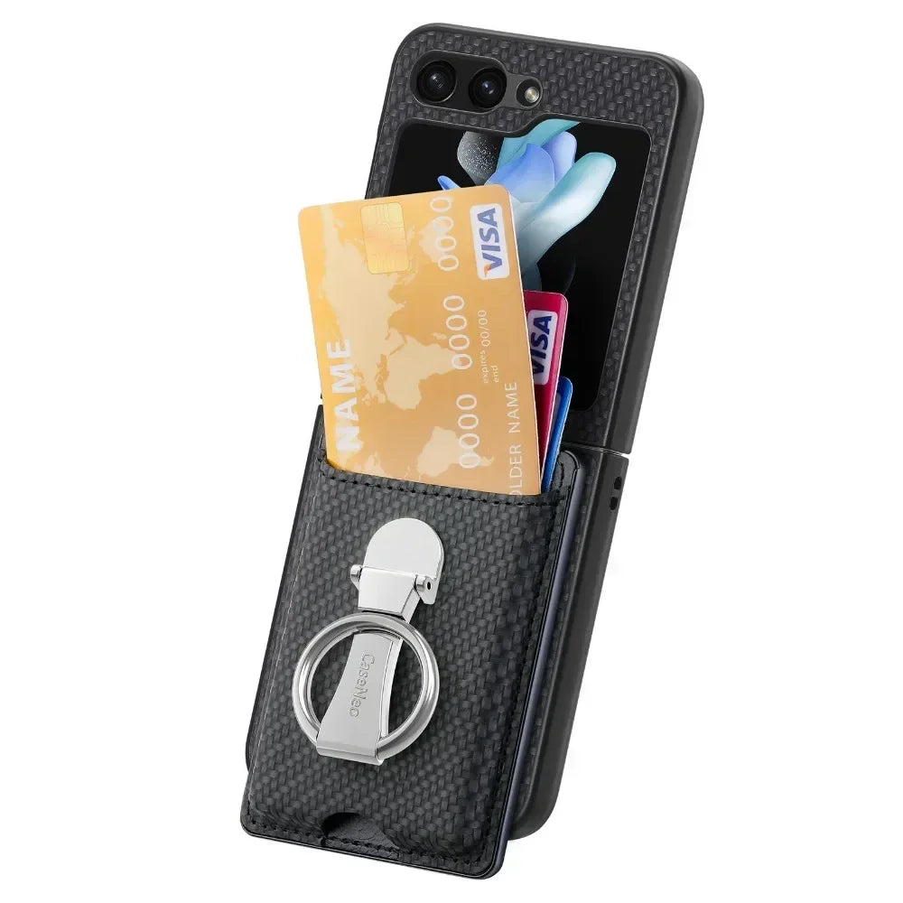Luxury Ring Stand Leather Phone Case for Samsung Galaxy Z Flip 8 Flip 7 6 5 4 3 Flip7 FE Wallet Card Slot Shockproof Cover