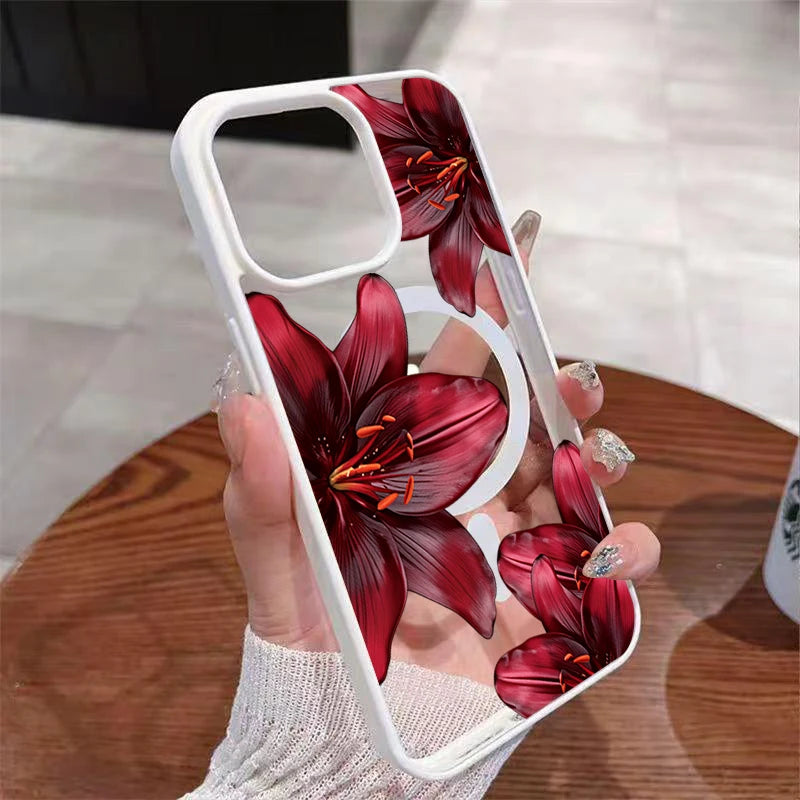 Red Lily Flower Magnetic Case for iPhone 17 Pro Max 16 15 14 13 12 11 Pro 16 Plus 17E 17 Air For Magsafe Wireless Charing Cover